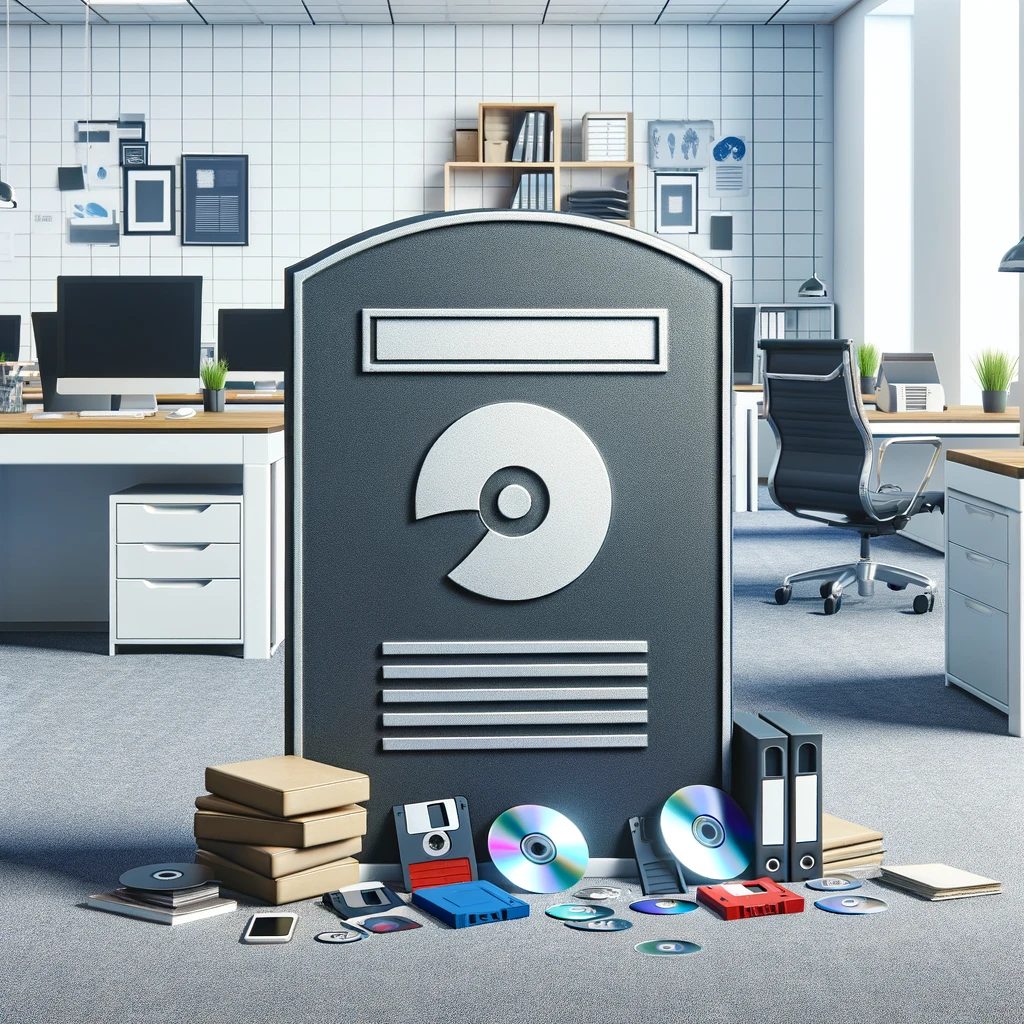 Grabstein in einem Büro, umgeben von alten Datenträgern wie CDs, Disketten und Ordnern (KI-generiert)